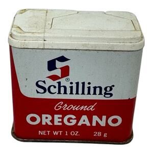 VINTAGE Schilling Ground Oregano Red + White Spice Tin 1 oz 28 g